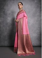 Pink Tussar Silk Ceremonial Contemporary Style Saree
