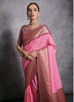 Pink Tussar Silk Ceremonial Contemporary Style Saree