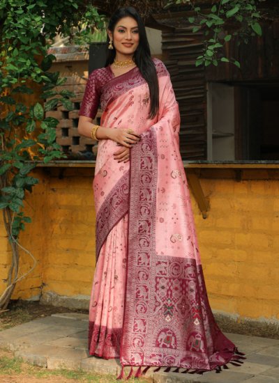 Pink Weaving Kanjivaram Silk Classic Saree