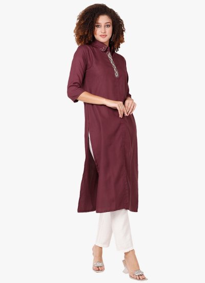 Piquant Embroidered Blended Cotton Wine Casual Kurti