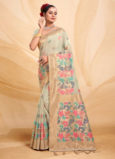 Pleasance Floral Print Cotton Sea Green Designer Traditional Saree