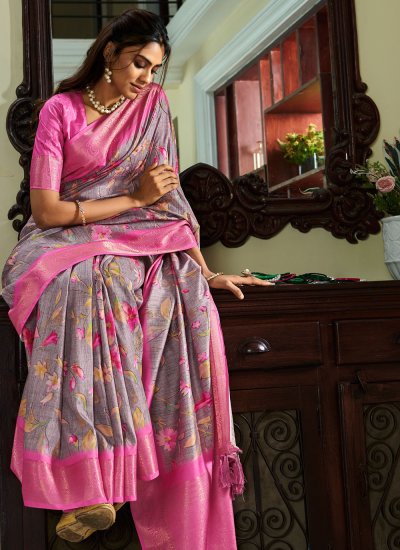 Pleasance Grey and Pink Floral Print Handloom silk Classic Saree