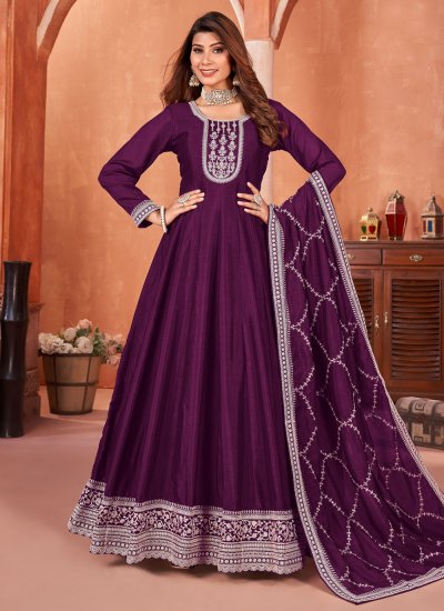 Pleasing Art Silk Purple Embroidered Trendy Salwar Kameez