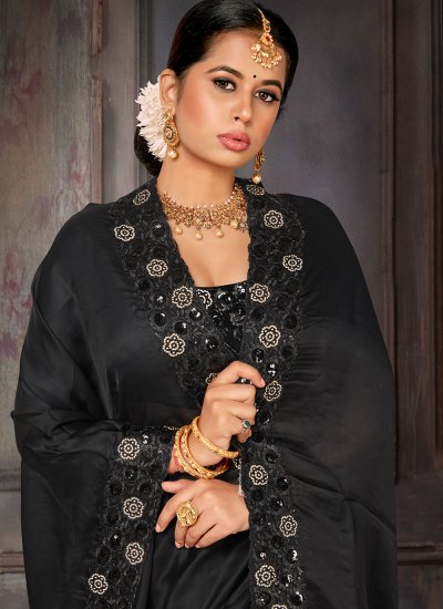 Pleasing Embroidered Georgette Black Classic Saree