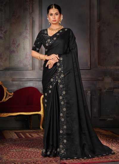 Pleasing Embroidered Georgette Black Classic Saree