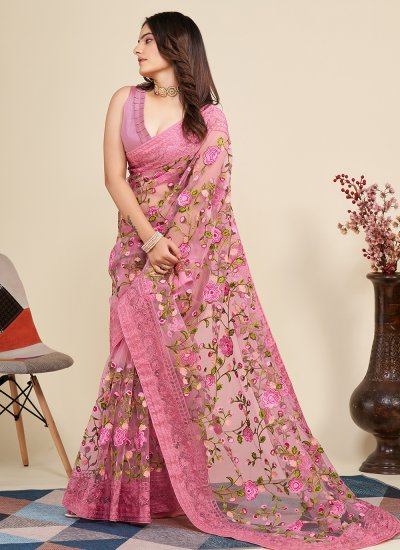 Pleasing Thread Pink Contemporary Style Saree