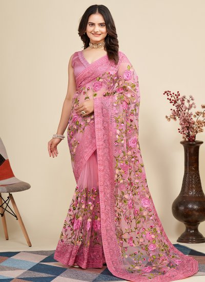 Pleasing Thread Pink Contemporary Style Saree