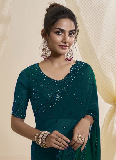 Preferable Embroidered Teal Contemporary Saree
