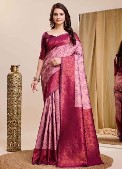 Prepossessing Kanjivaram Silk Pink Jacquard Work Classic Saree