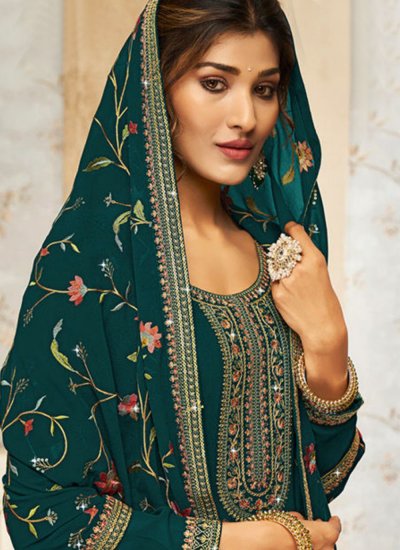 Pretty Georgette Teal Embroidered Salwar Kameez