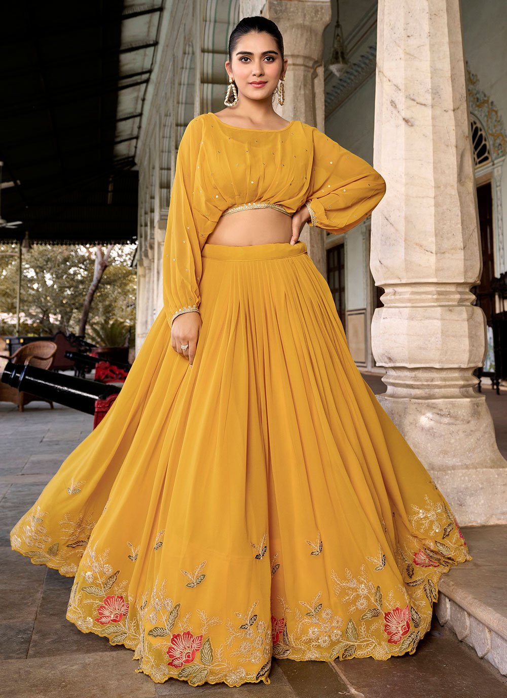 Pretty Thread Work Yellow Georgette Readymade Lehenga Choli