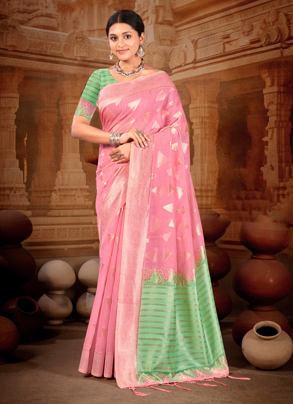 Blush Pink Linen Designer Saree With Matching Blouse for Women