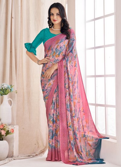 Printed Chiffon Trendy Saree in Pink