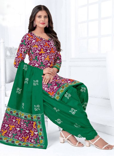 Printed Cotton Patiala Salwar Suit in Multi Colour
