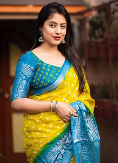 Printed Jute Silk Contemporary Saree in Turquoise and Yellow