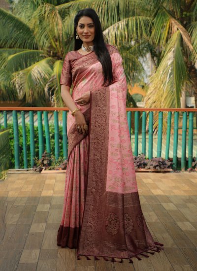 Printed Kanjivaram Silk Trendy Saree in Pink