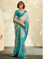 Printed Khadi Silk Contemporary Style Saree in Turquoise
