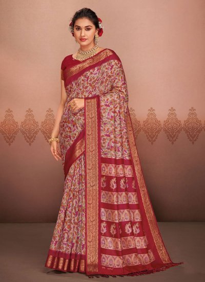 Printed Silk Contemporary Saree in Red