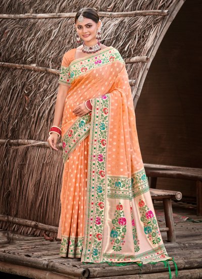 Prodigious Border Silk Peach Classic Designer Saree