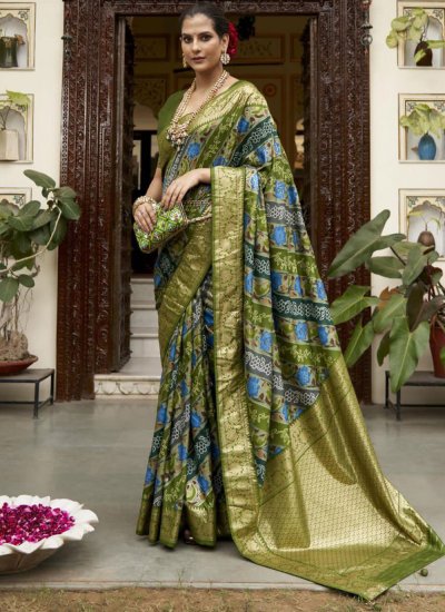 Prominent Green Print Silk Trendy Saree