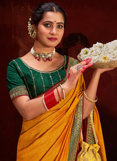 Prominent Vichitra Silk Sequins Yellow Designer Saree
