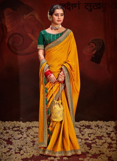 Prominent Vichitra Silk Sequins Yellow Designer Saree
