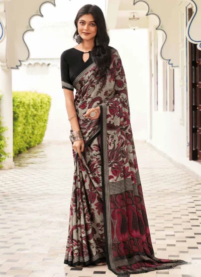 Pure Crepe Printed Grey Classic Saree