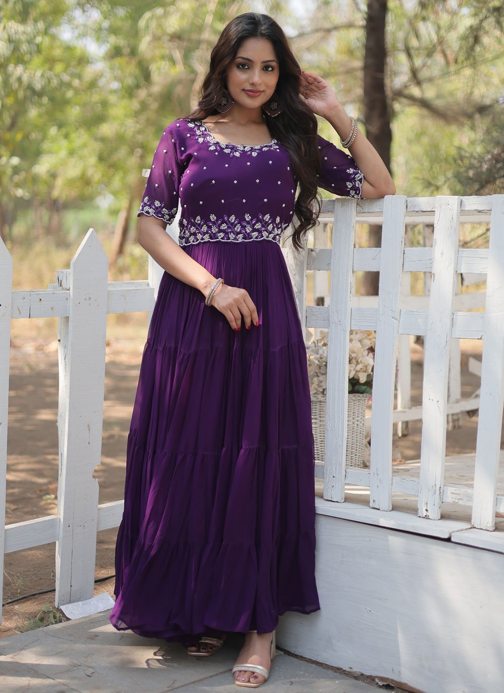 open lace back dress Lilac Purple Sheer Prom Dress with Train main image 1