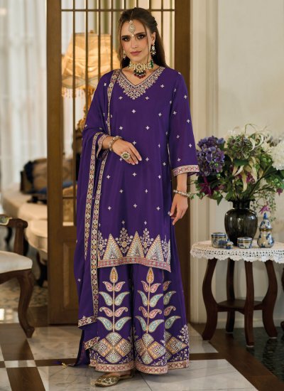 Purple Embroidered Chinon Readymade Salwar Kameez