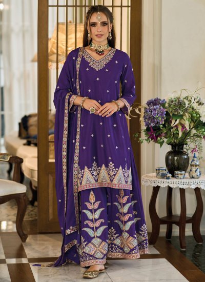 Purple Embroidered Chinon Readymade Salwar Kameez