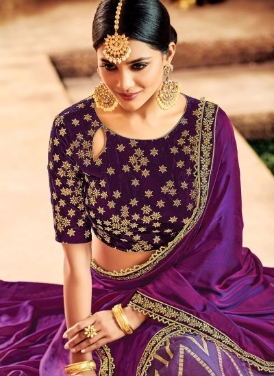 Purple Embroidered Engagement Contemporary Saree