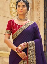 Purple Embroidered Vichitra Silk Trendy Saree