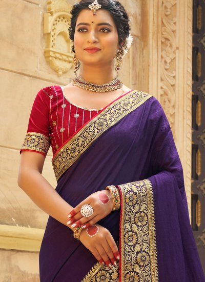 Purple Embroidered Vichitra Silk Trendy Saree