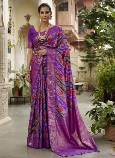 Purple Print Silk Classic Saree