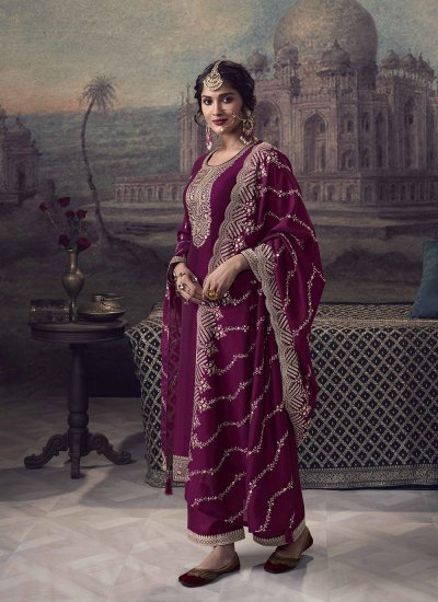 Purple Silk Zari Designer Palazzo Salwar Kameez