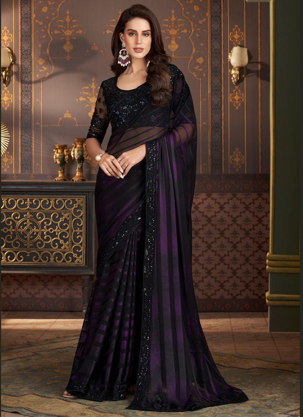 elegant purple color embroidered drape saree – ODHNI