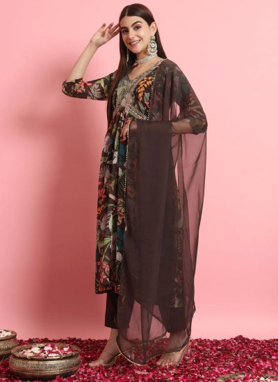Radiant Georgette Brown Embroidered Readymade Salwar Suit