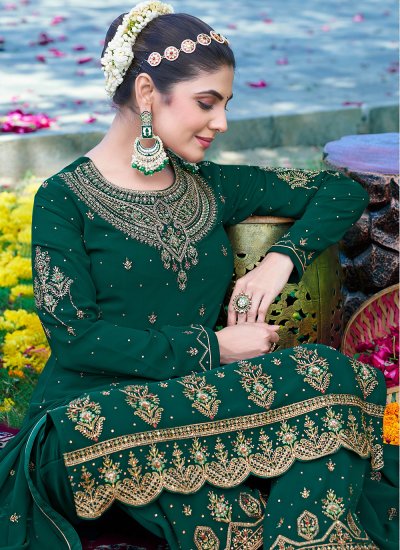 Radiant Green Embroidered Georgette Trendy Salwar Suit