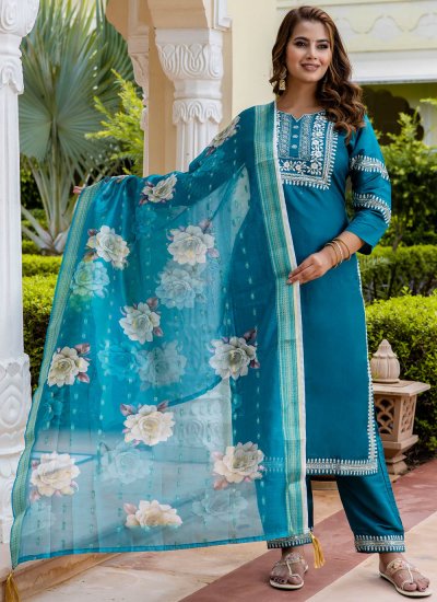 Arresting Blue Color Beautiful Women's Wear Designer Salwar Kameez Suits Ready Made Embroidery Work Straight Trouser Pant Dupatta Dress on sale Suit