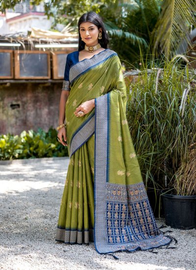 Ravishing Green Tussar Silk Trendy Saree