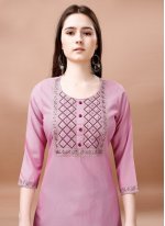 Ravishing Pink Embroidered Blended Cotton Pant Style Suit
