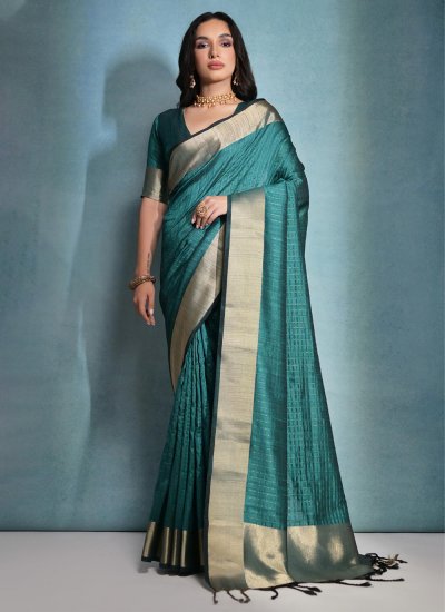 Raw Silk Contemporary Saree in Teal
