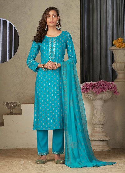 Rayon Aqua Blue Trendy Salwar Suit