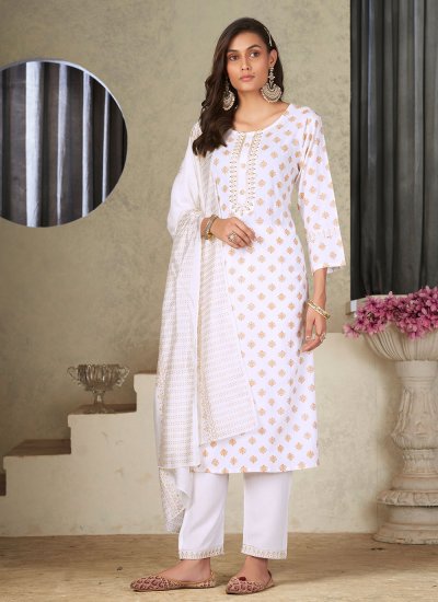 Rayon Embroidered Pant Style Suit in White