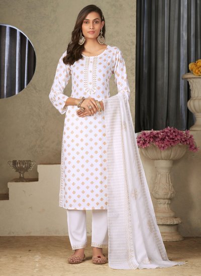 Rayon Embroidered Pant Style Suit in White