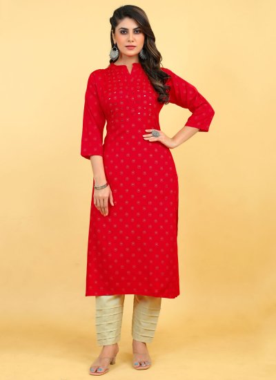Rayon Printed Party Wear Kurti in Red