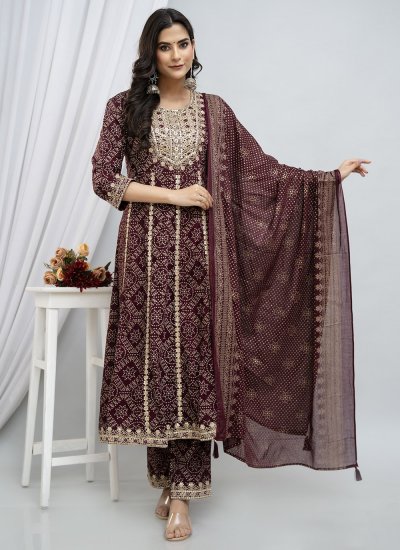 Rayon Printed Readymade Salwar Suit in Wine