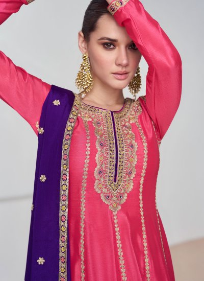 Readymade Salwar Suit Embroidered Chinon in Pink