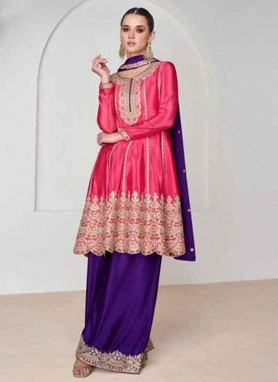 Readymade Salwar Suit Embroidered Chinon in Pink