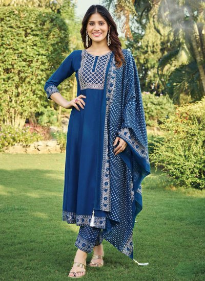 Readymade Salwar Suit Embroidered Rayon in Blue